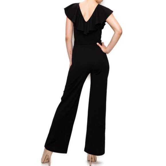 Janette Fashion Black Ruffle V-neck Wide Leg Sleeveless Casual Jumpsuit - Picture 2 of 4